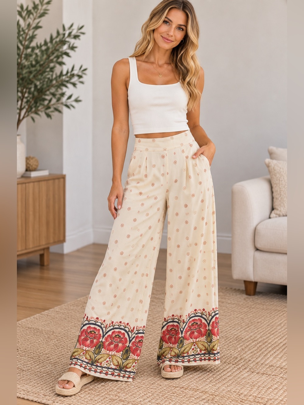 O'Neill Cream Wide-Leg Pants with Red Floral Border